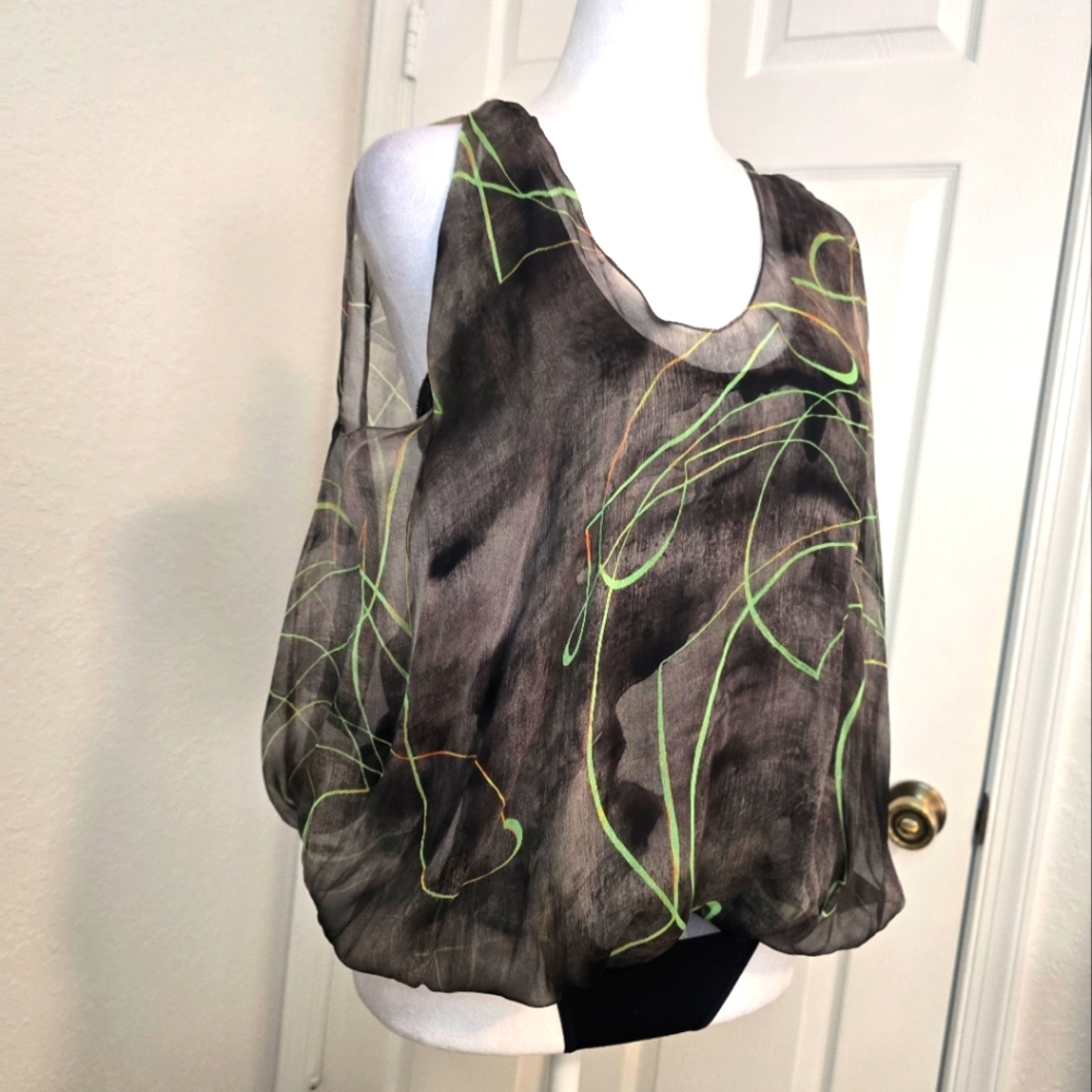 VPL Sheer Dark Gray and Neon Green  Women's  Silk Top. NEW
